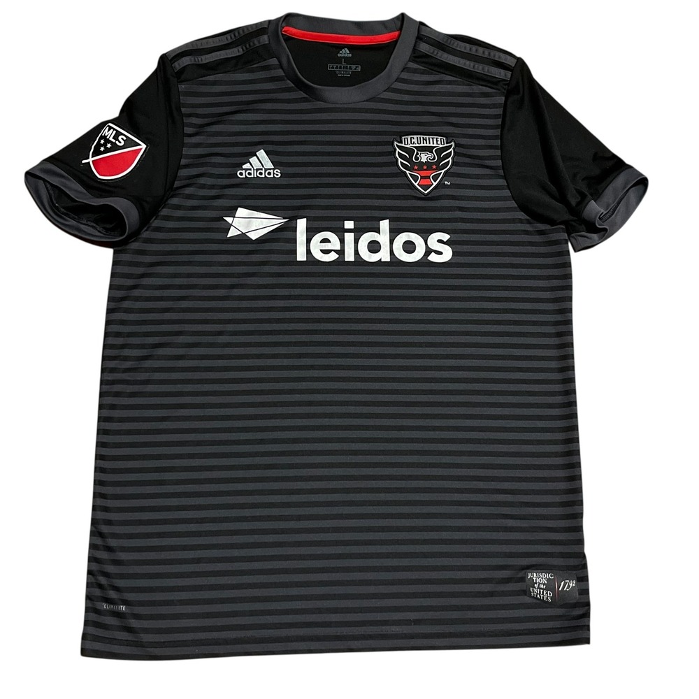 Adidas DC United MLS Soccer Jersey Mens Large Black Grey Striped Climalite Shirt